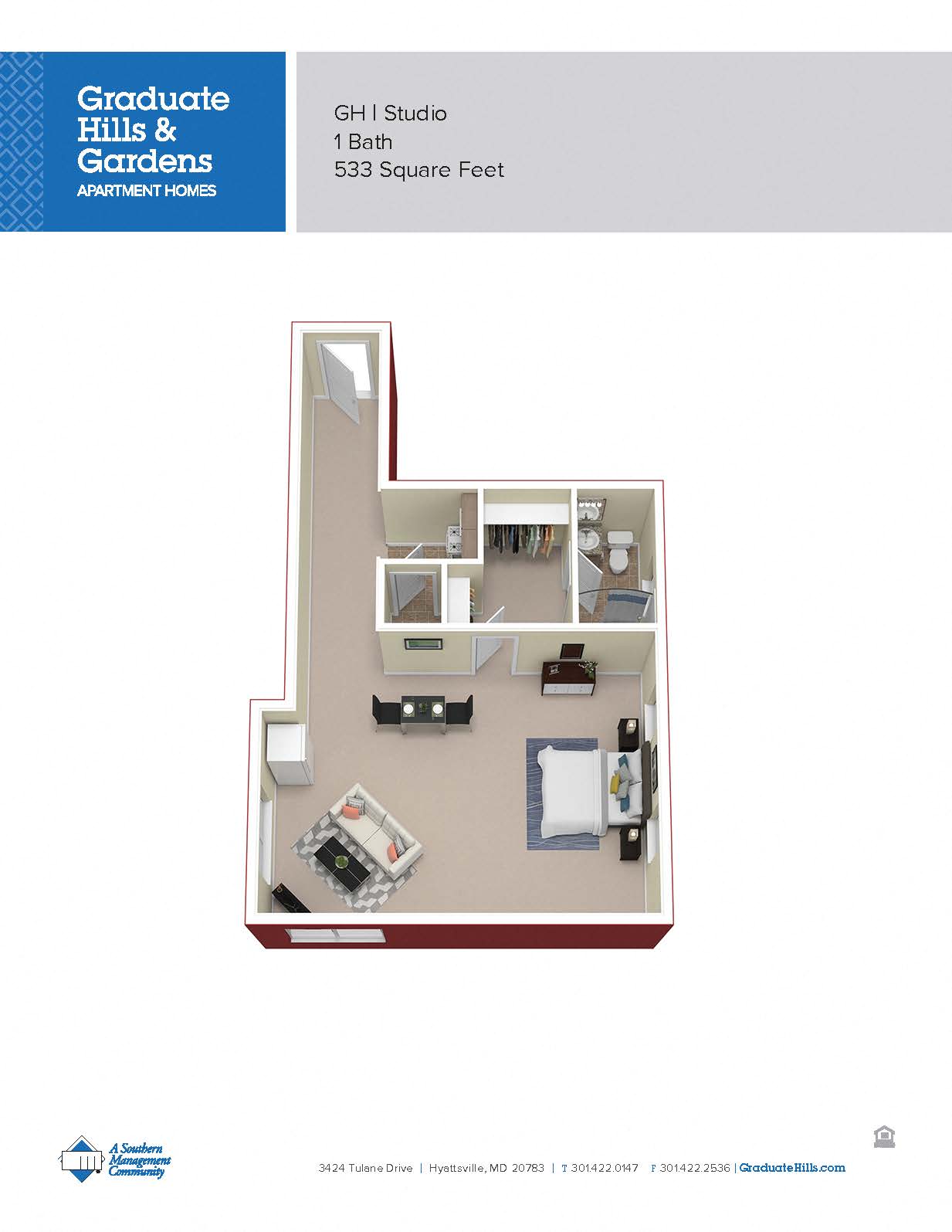 Floor plan for studio, 1 bath, 500 sqft